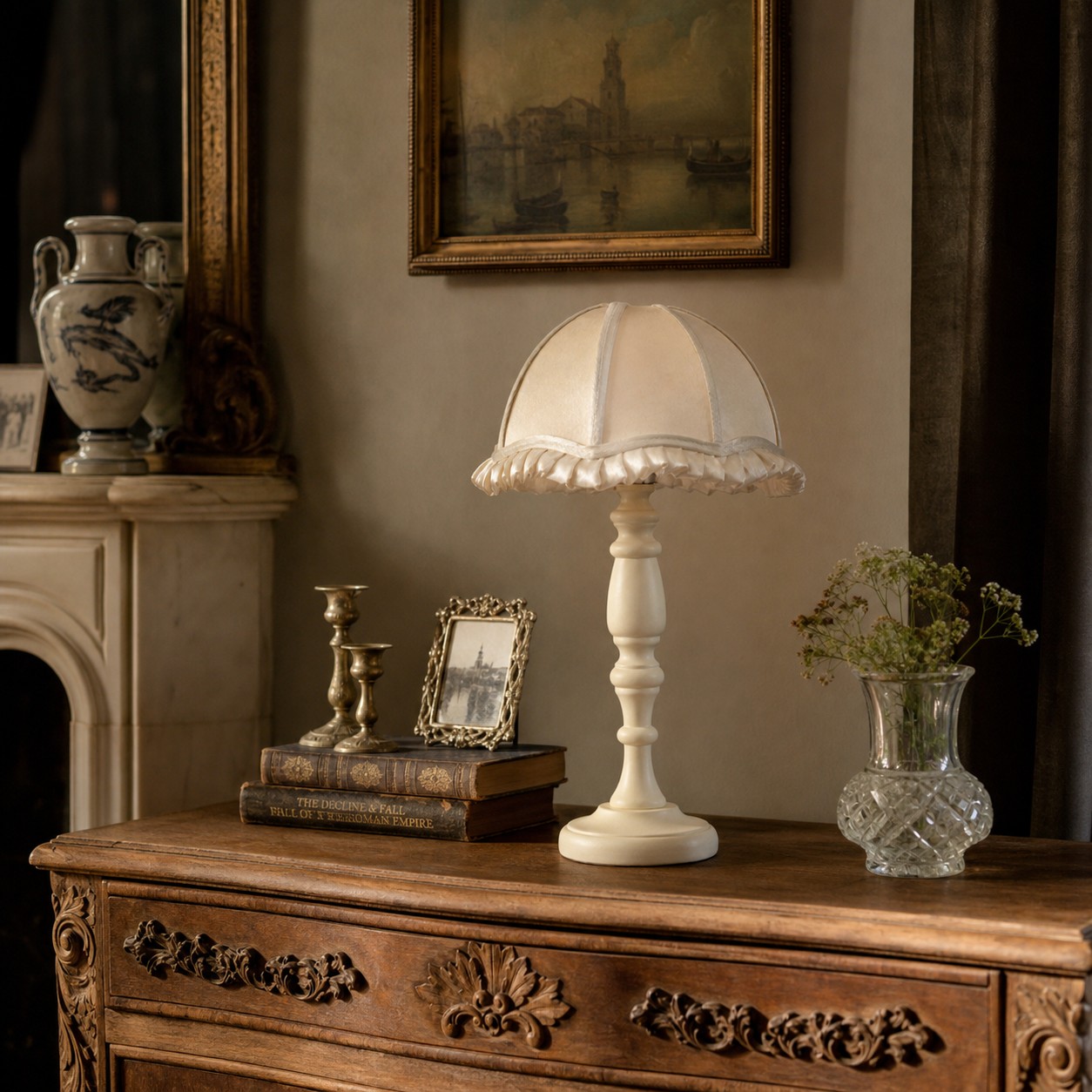 French country fabric table lamp on a classic cabinet
