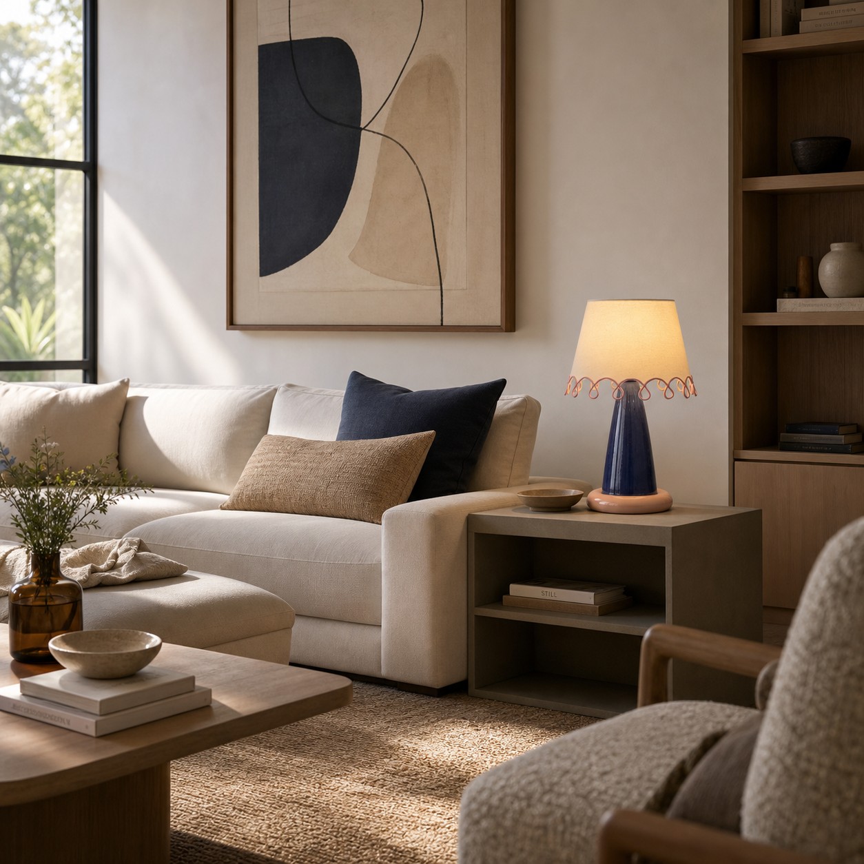 Sculptural ceramic table lamp beside a neutral sofa