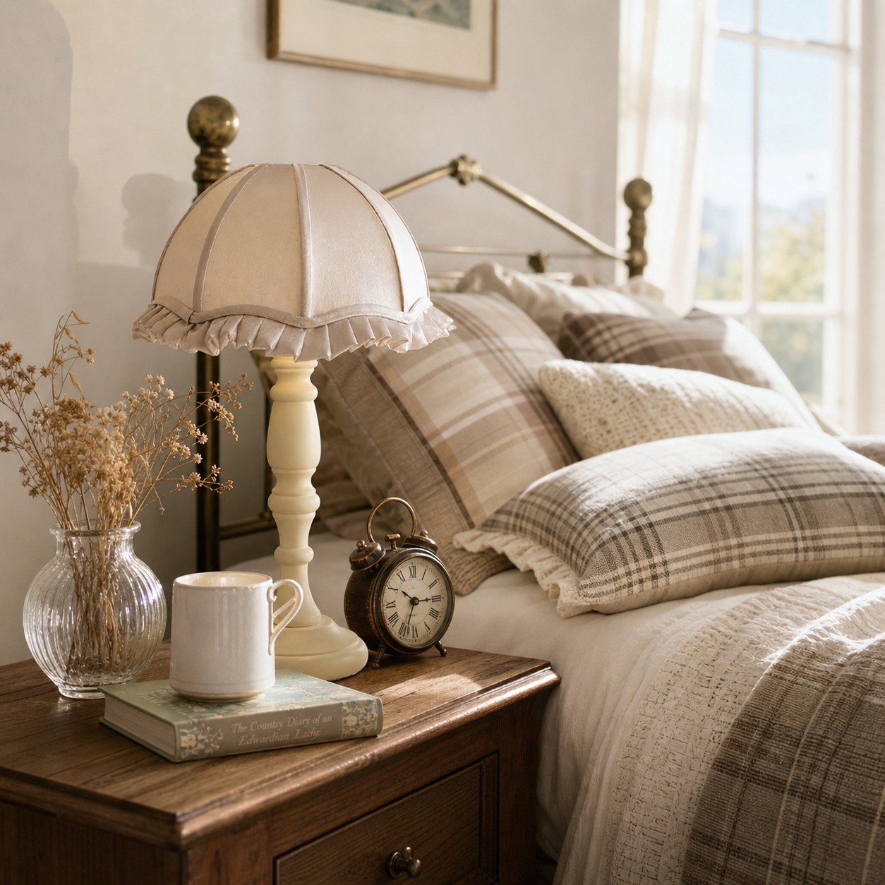 Fabric shade table lamp styled on a bedside table