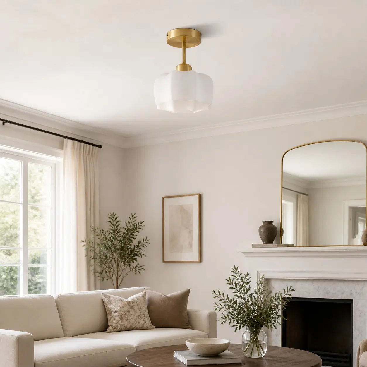 Glass ceiling light in a styled living space