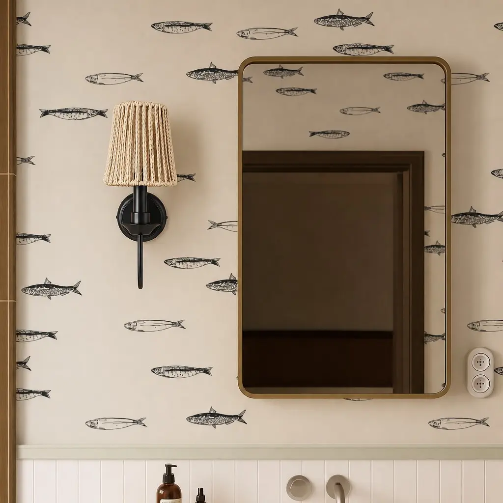 Fabric wall sconce beside a wall mirror