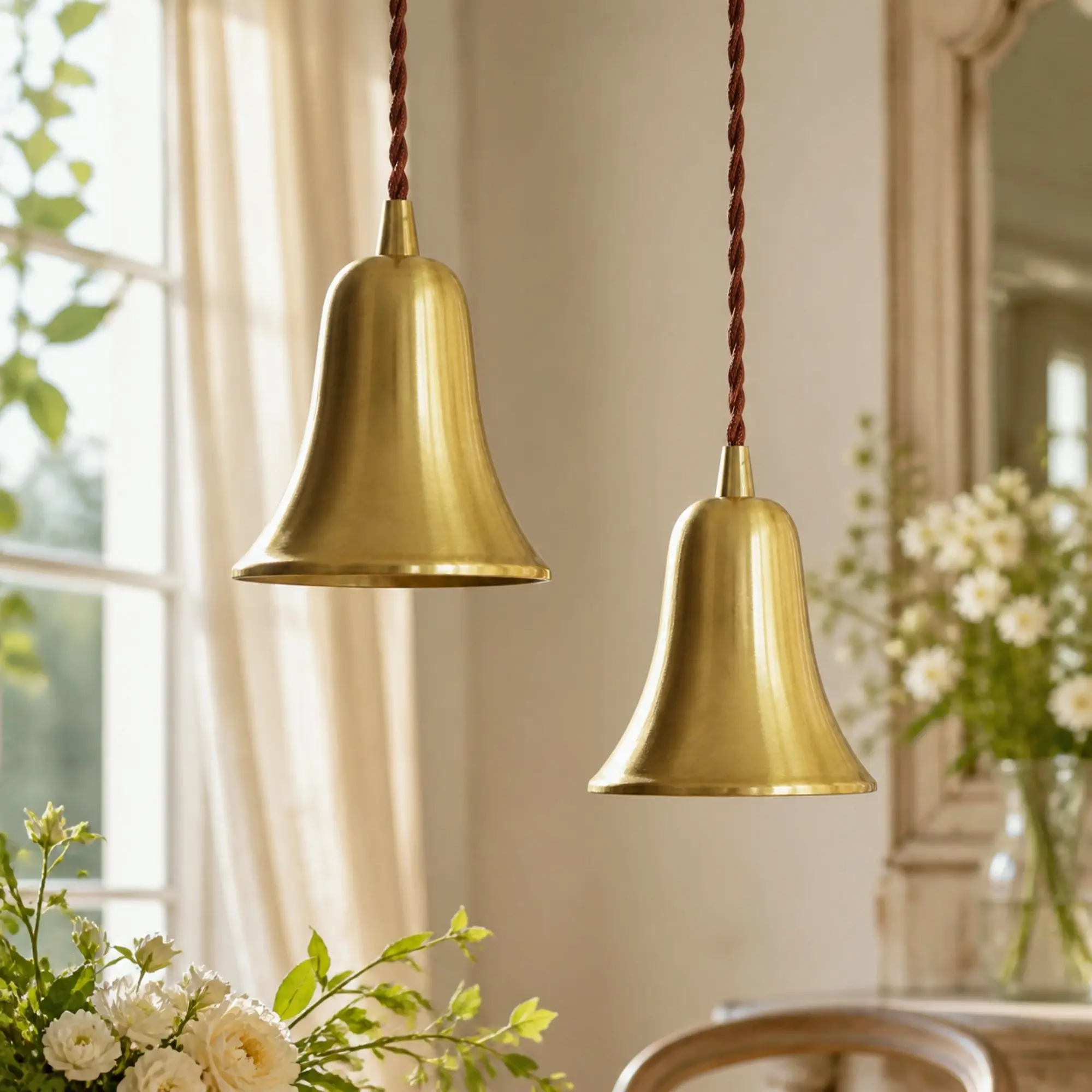 Pair of natural brass bell pendant lights in an elegant interior