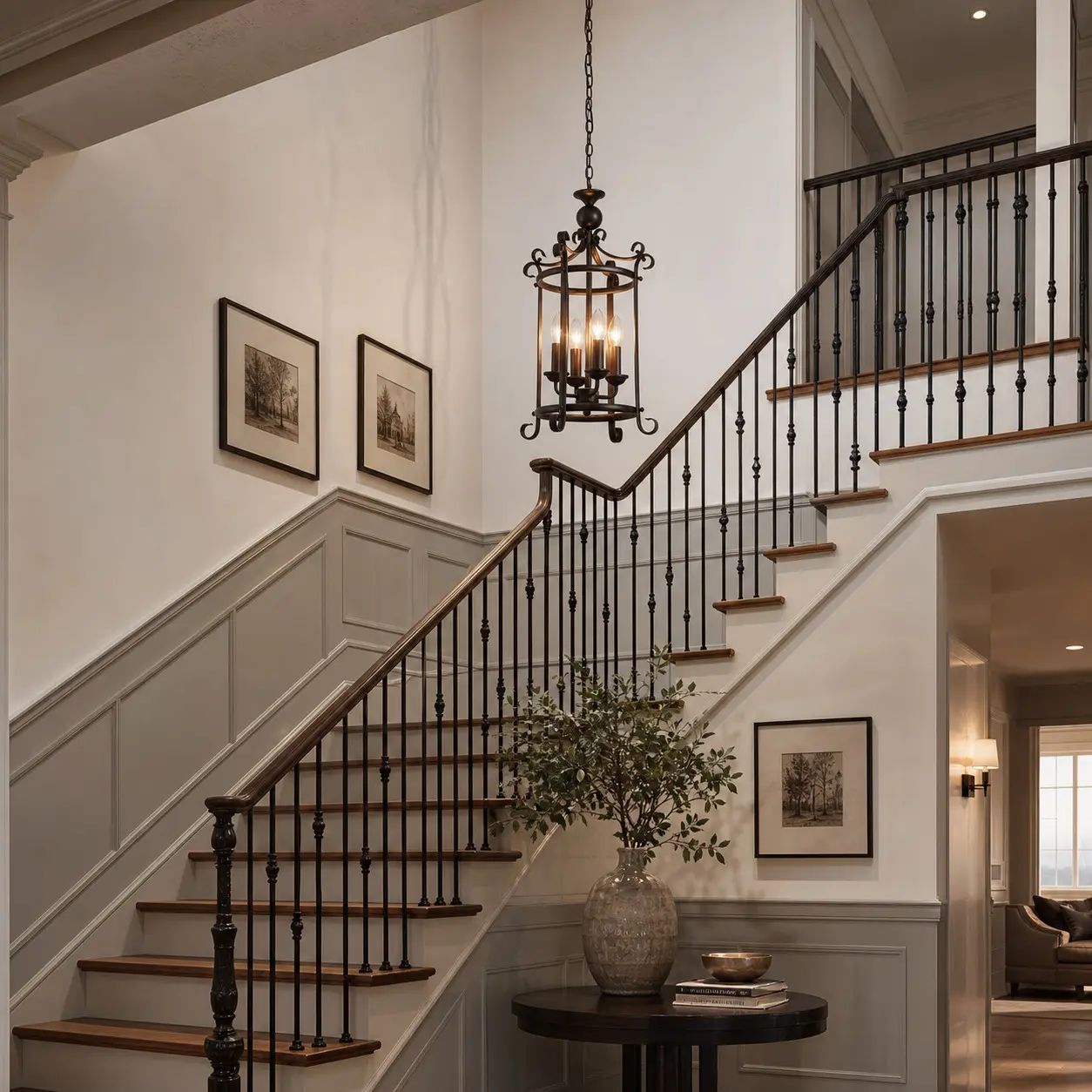 Black iron pendant installed over a stair landing