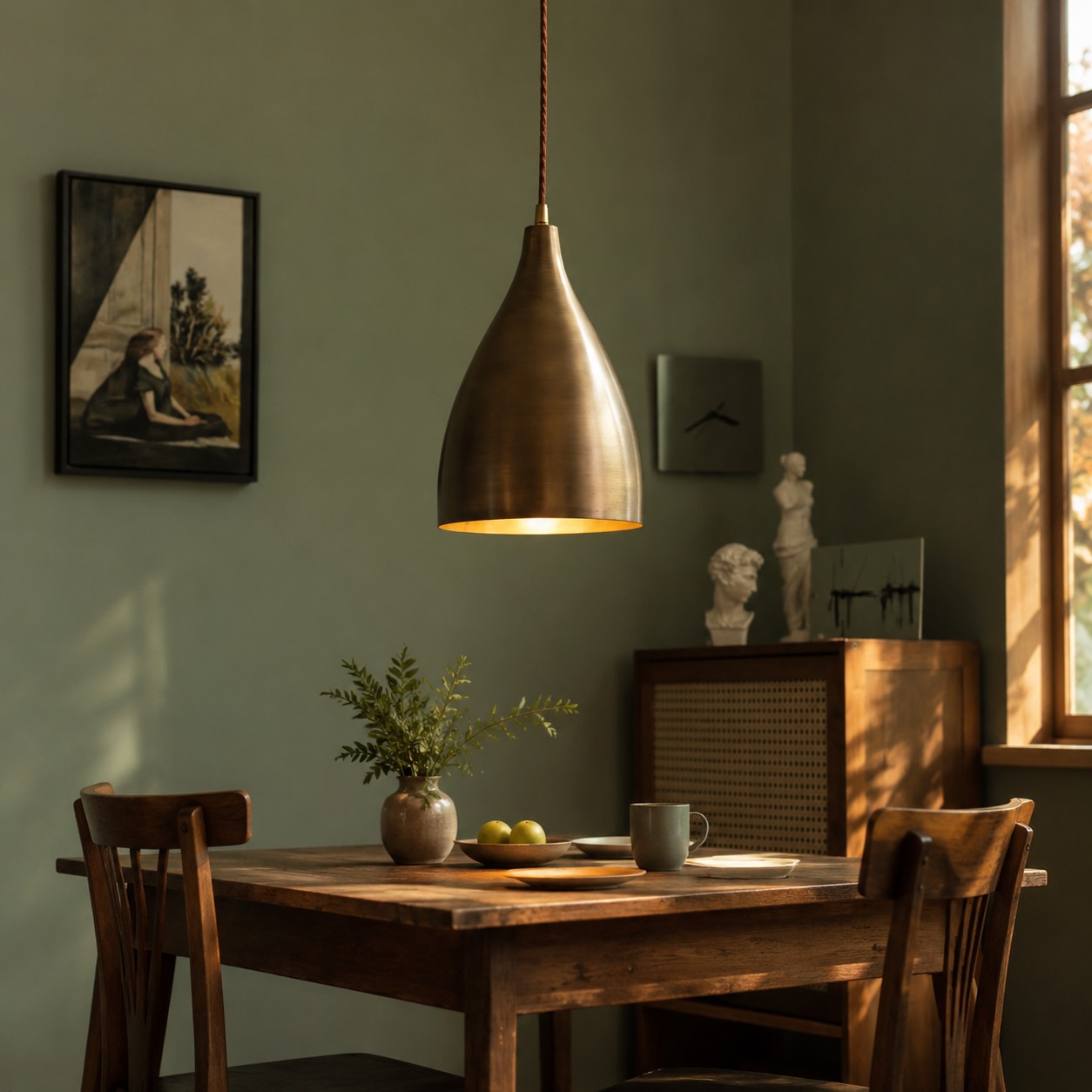 Aged brass pendant light in a green dining room