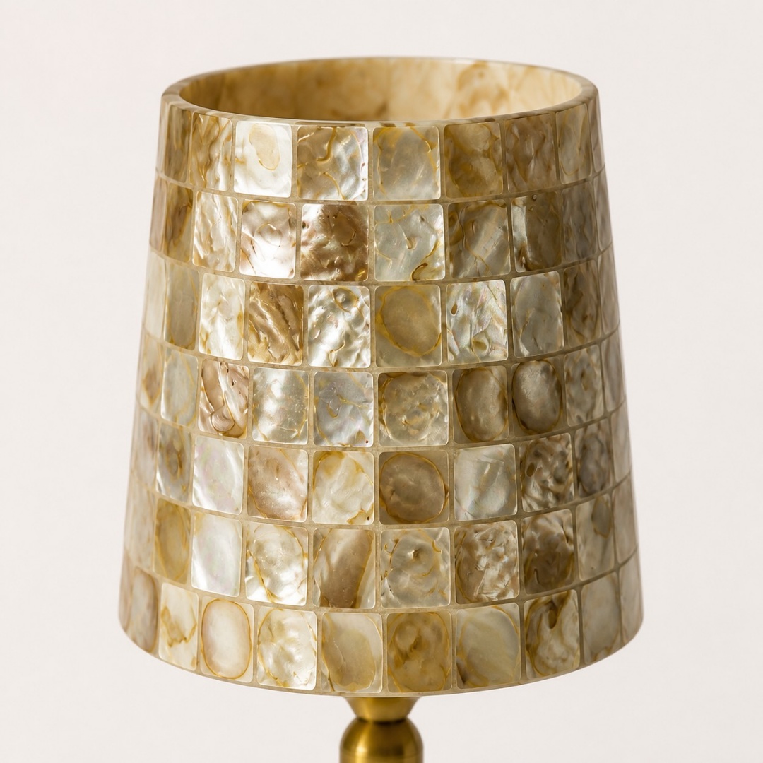 Close view of the pearlescent Capiz shell mosaic shade