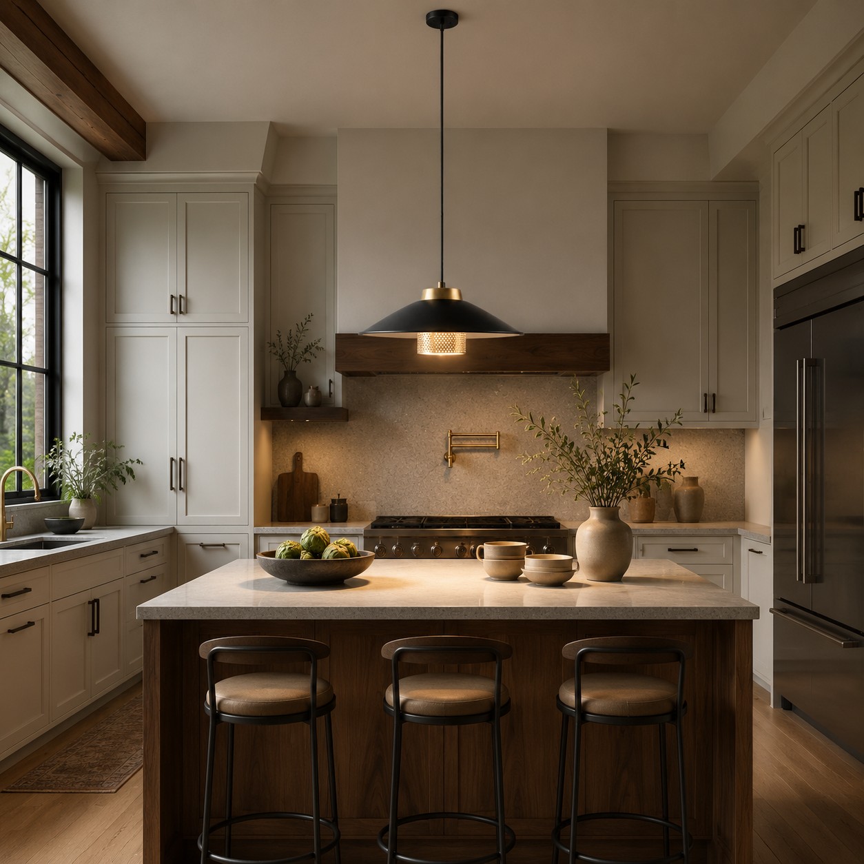 Black and brass pendant light illuminating a warm modern kitchen island
