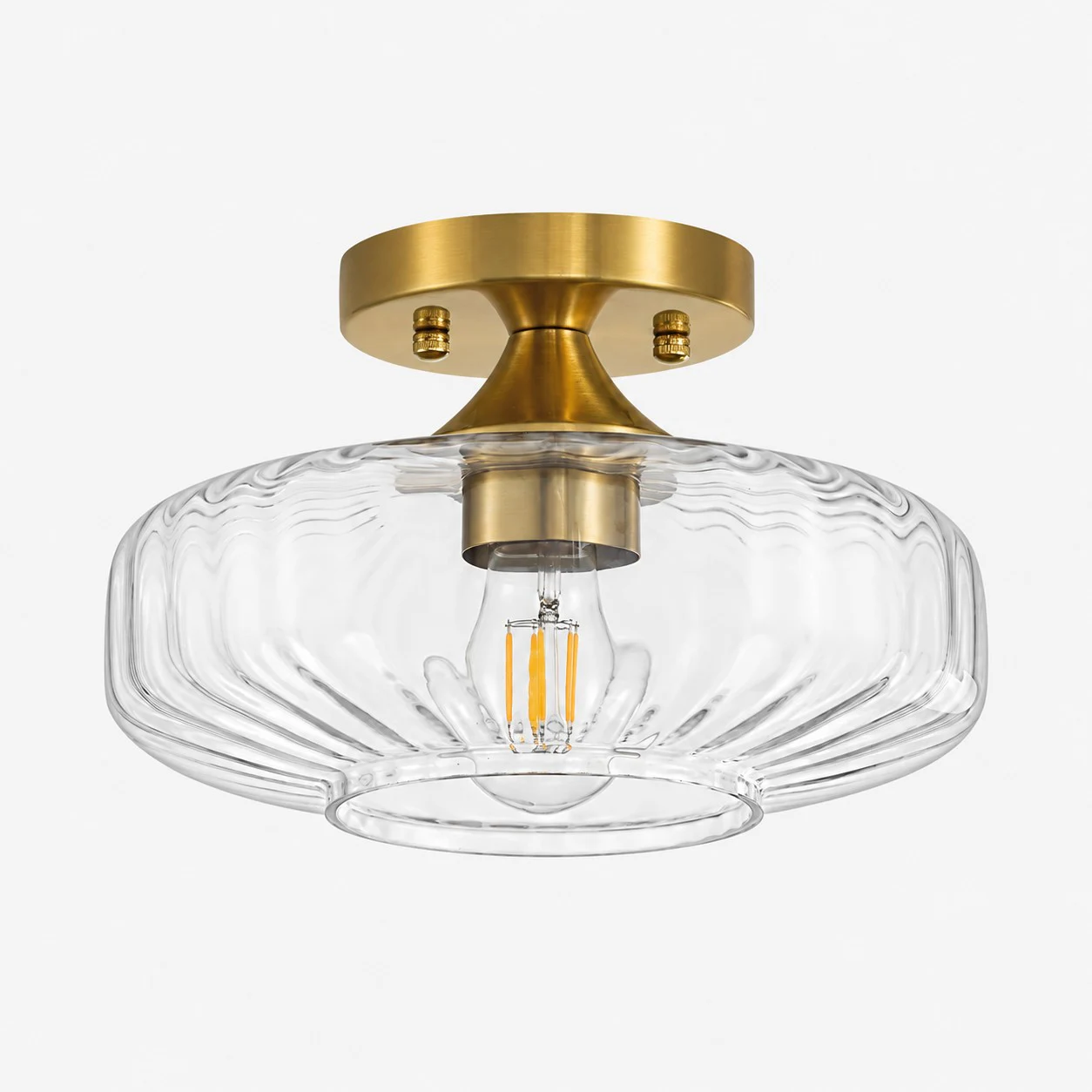 Clear small ribbed glass semi-flush ceiling light with brushed brass canopy