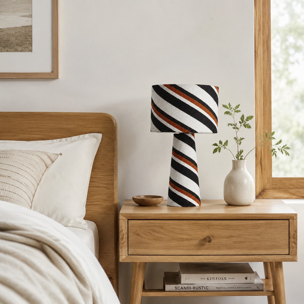 Lampe de table en tissu rayé dans une pièce