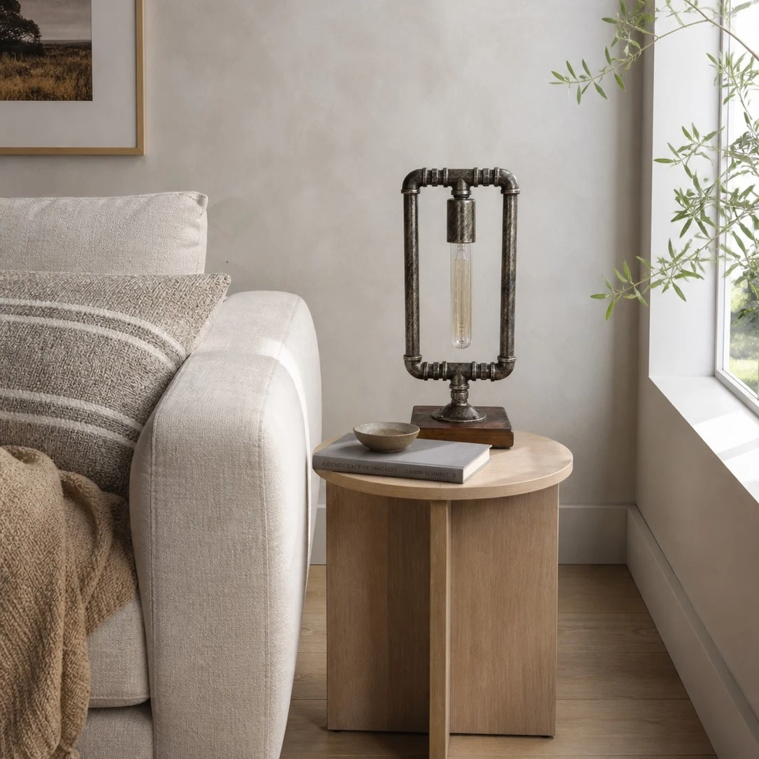 Lampara industrial de tuberia junto a un sofa