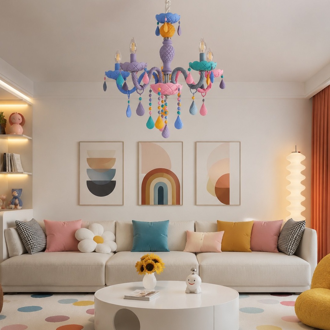 Colorful kids room chandelier installed in a living room