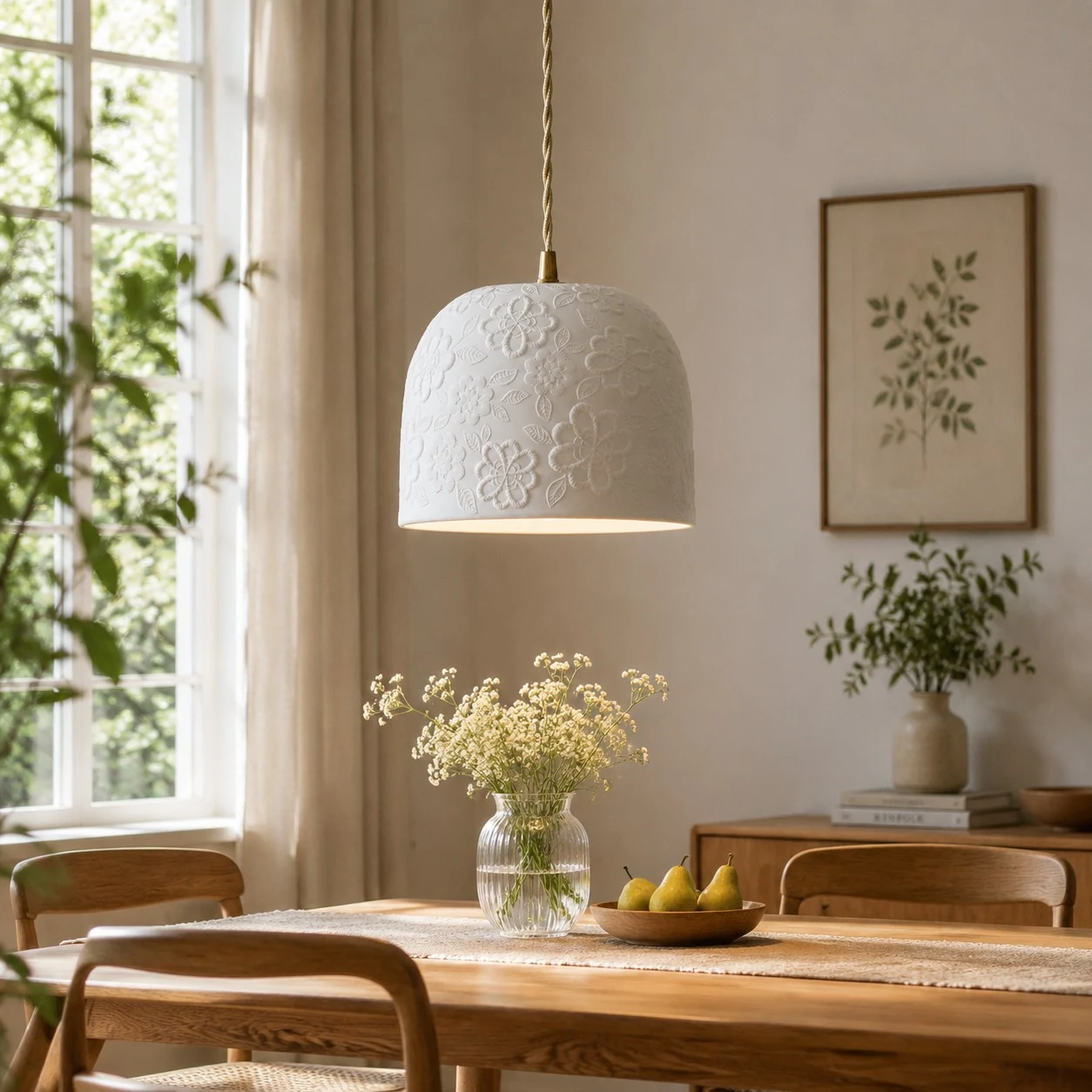 White ceramic brass pendant lamp over a dining table